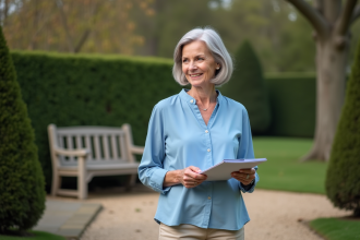 Femme de 62 ans dans un jardin avec un carnet