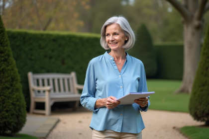 Femme de 62 ans dans un jardin avec un carnet