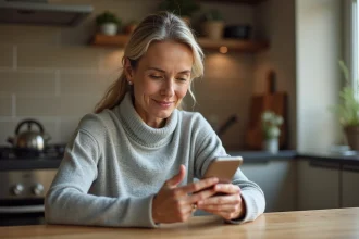 Femme consultant son application de remboursement santé Plansante NoveoCare sur smartphone dans une cuisine moderne