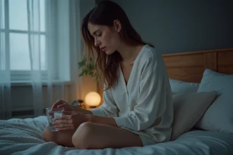 Femme en pyjama se rafraichissant la main la nuit