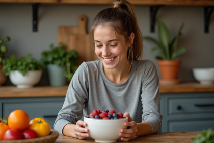 Jeune femme en cuisine examine des baies ketofriendly