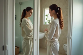 Femme regardant son reflet près d'une balance dans une salle de bain moderne