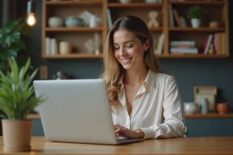 Femme assise à une table de cuisine moderne avec ordinateur