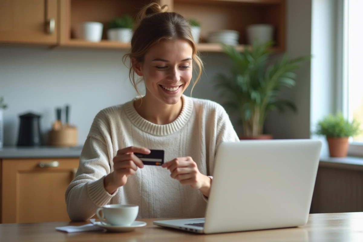 Femme utilisant un ordinateur et une carte bancaire dans la cuisine