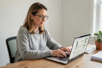 Femme consultant le site Htpp web irld net sur un ordinateur portable pour préparer son examen médical