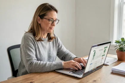 Femme consultant le site Htpp web irld net sur un ordinateur portable pour préparer son examen médical