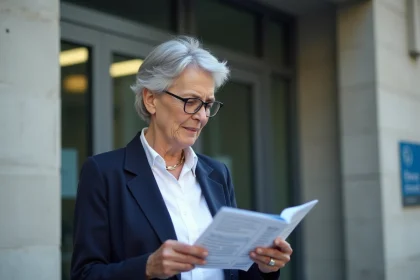 Femme consultant les adresses de la CPAM 92 devant un bâtiment administratif des Hauts-de-Seine