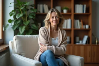 Femme d'âge moyen en cardigan dans un salon moderne