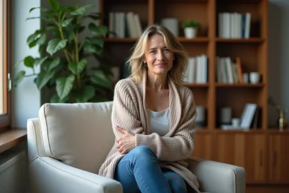 Femme d'âge moyen en cardigan dans un salon moderne