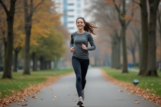 Femme courant dans un parc urbain au matin