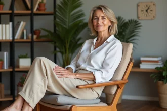 Femme soulagée assise sur un coussin ergonomique spécialisé pour névralgie pudendale à son bureau à domicile