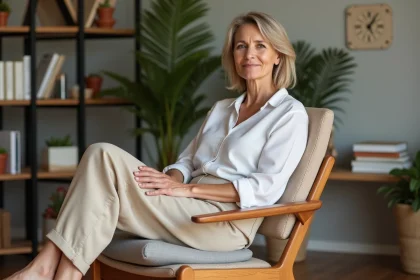 Femme soulagée assise sur un coussin ergonomique spécialisé pour névralgie pudendale à son bureau à domicile