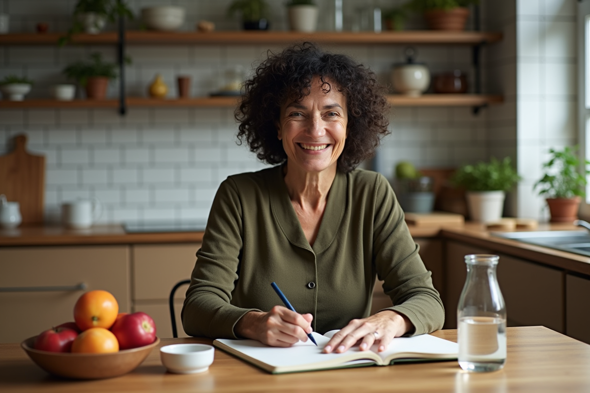 Femme de 62 ans écrivant dans un journal de cuisine