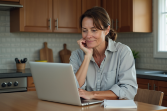 Femme d'âge moyen travaillant sur son ordinateur à la maison