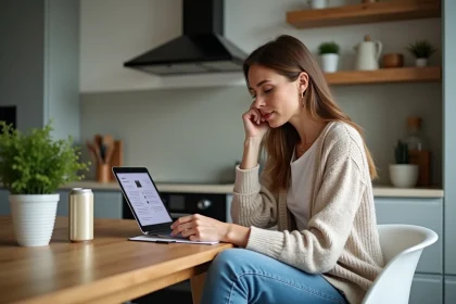 Femme assise &agrave; la cuisine en lisant des avis sur sa tablette