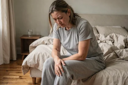 Femme de 40 ans souffrant de douleurs musculaires liées à une perte de poids rapide, assise au bord du lit avec une expression de fatigue et d'inconfort
