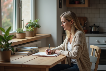 Femme m&eacute;ditative &eacute;crivant dans un journal dans une cuisine chaleureuse