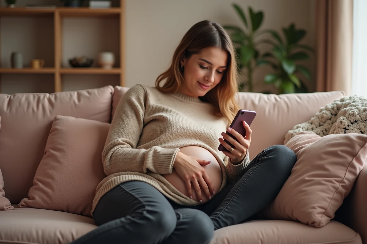 Femme enceinte consultant une application de suivi de grossesse sur smartphone pour calculer son terme depuis son canapé