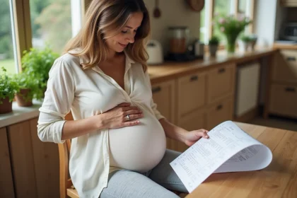 Femme enceinte calculant son terme de grossesse avec un calendrier sur une table en bois dans une cuisine familiale