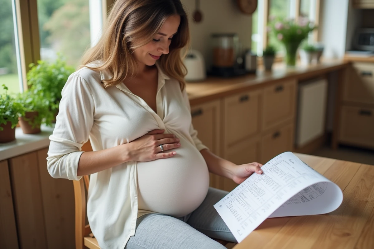 Femme enceinte calculant son terme de grossesse avec un calendrier sur une table en bois dans une cuisine familiale