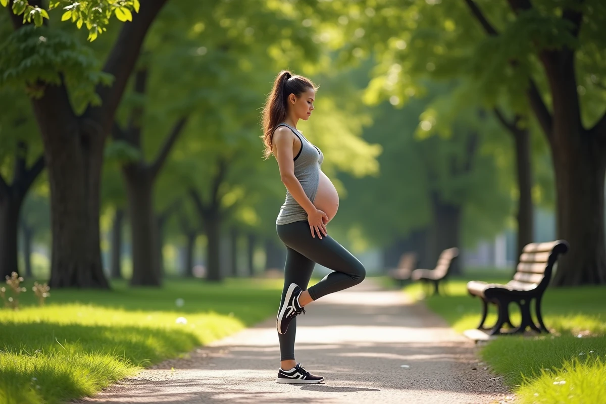 Femme enceinte faisant un étirement dans un parc ensoleille