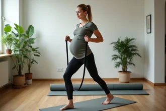 Femme enceinte faisant un exercice avec bande de résistance dans un salon