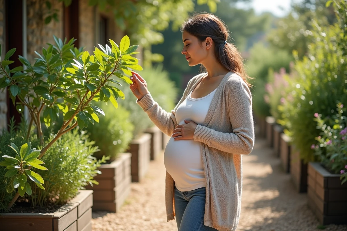 Jeune femme enceinte dans un jardin d