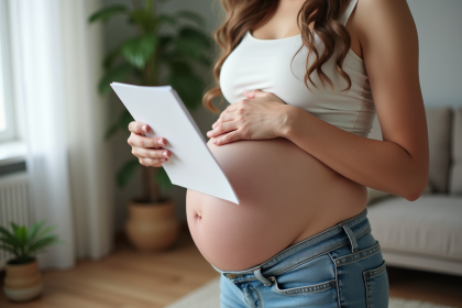 Femme enceinte dans son salon lisant un dépliant sur la grossesse