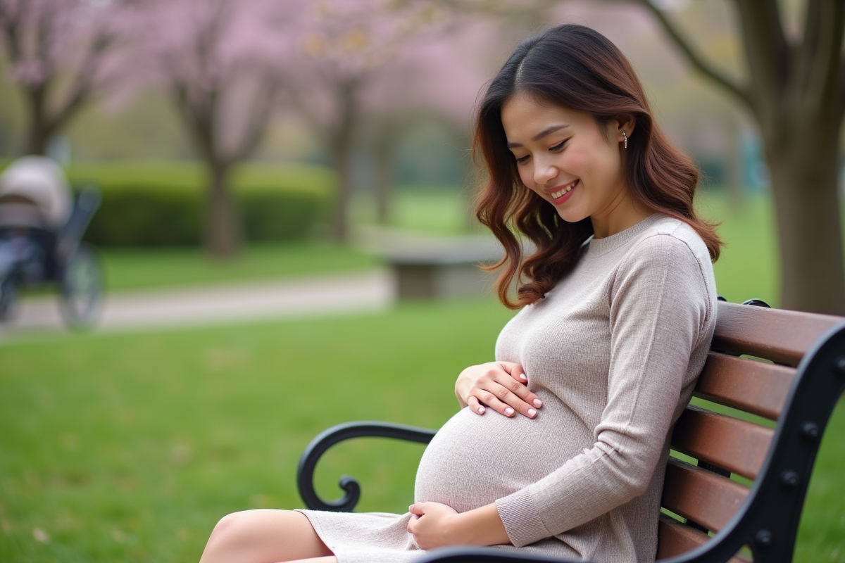 Femme enceinte souriante dans un parc au printemps