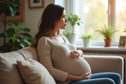 Femme enceinte assise sur un canapé dans un salon lumineux