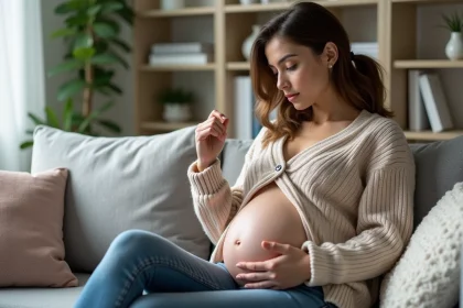 Femme enceinte assise sur un canap&eacute; dans un salon cosy