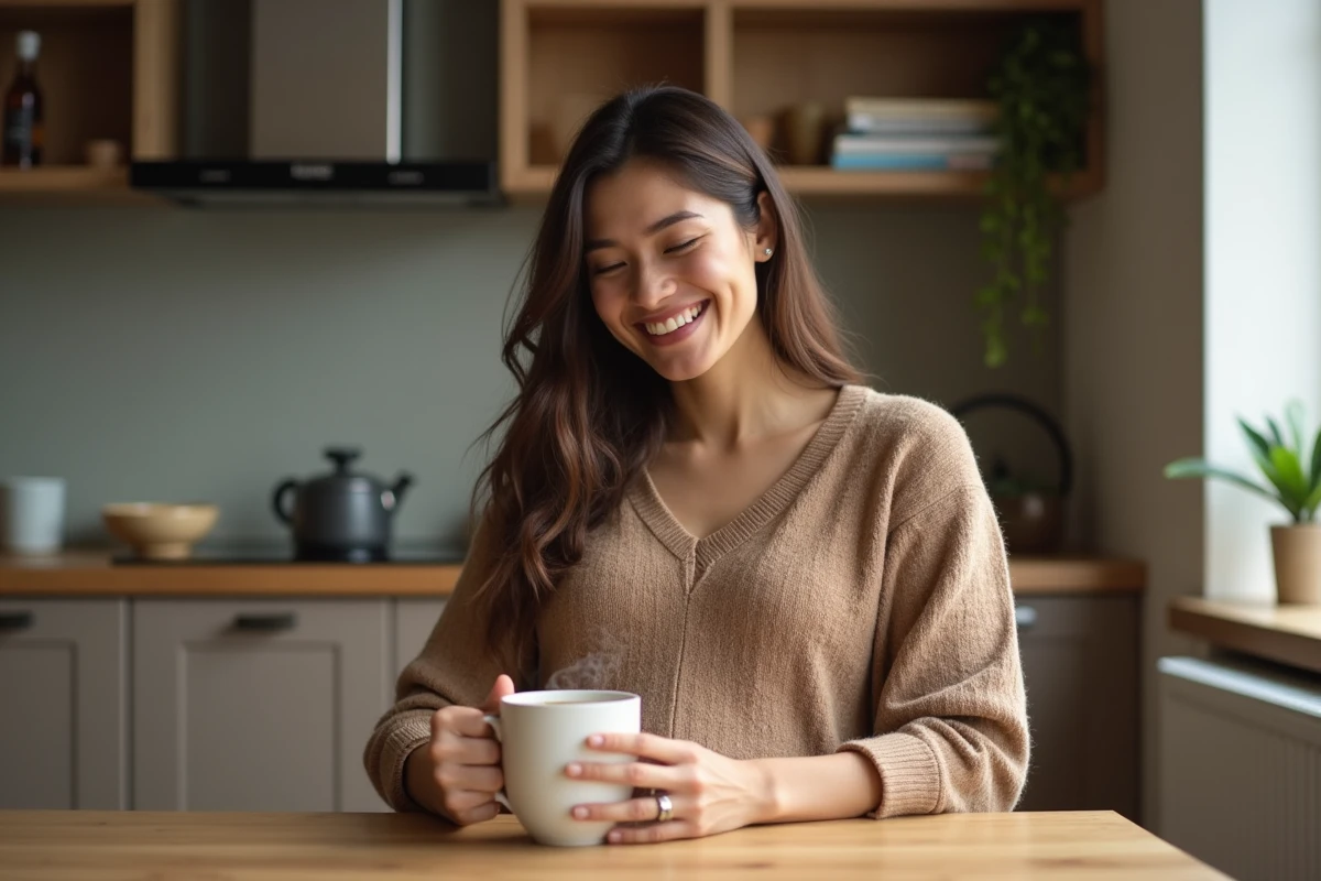 Femme enceinte souriante tenant une tasse de rooibos dans une cuisine chaleureuse