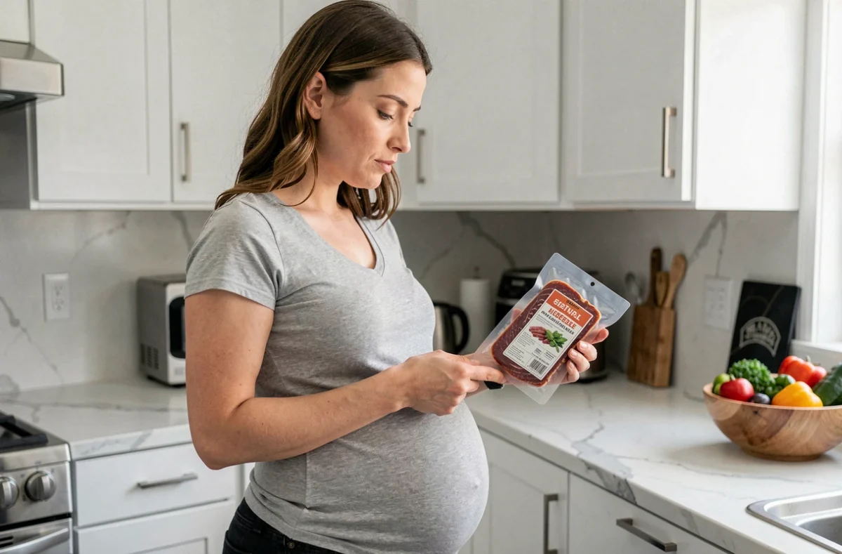 Femme enceinte lisant l'étiquette d'un paquet de viande des grisons dans une cuisine moderne