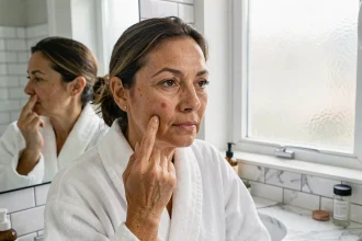 Femme d'âge mûr examinant une verrue séborrhéique sur sa joue devant un miroir de salle de bain