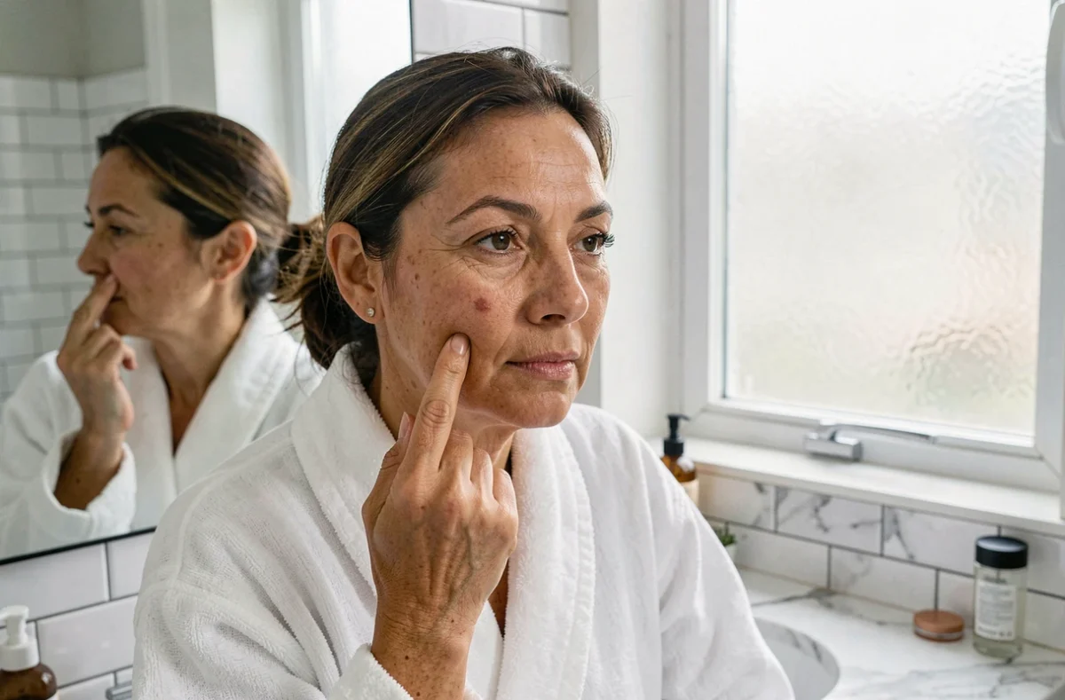 Femme d'âge mûr examinant une verrue séborrhéique sur sa joue devant un miroir de salle de bain