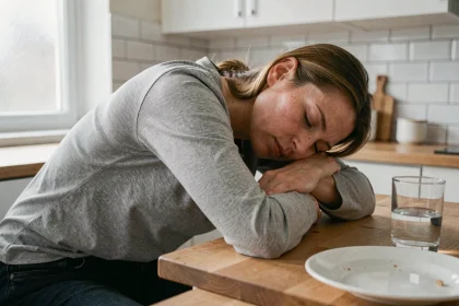 Femme épuisée affalée sur une table de cuisine vide, illustrant la fatigue liée au jeûne prolongé