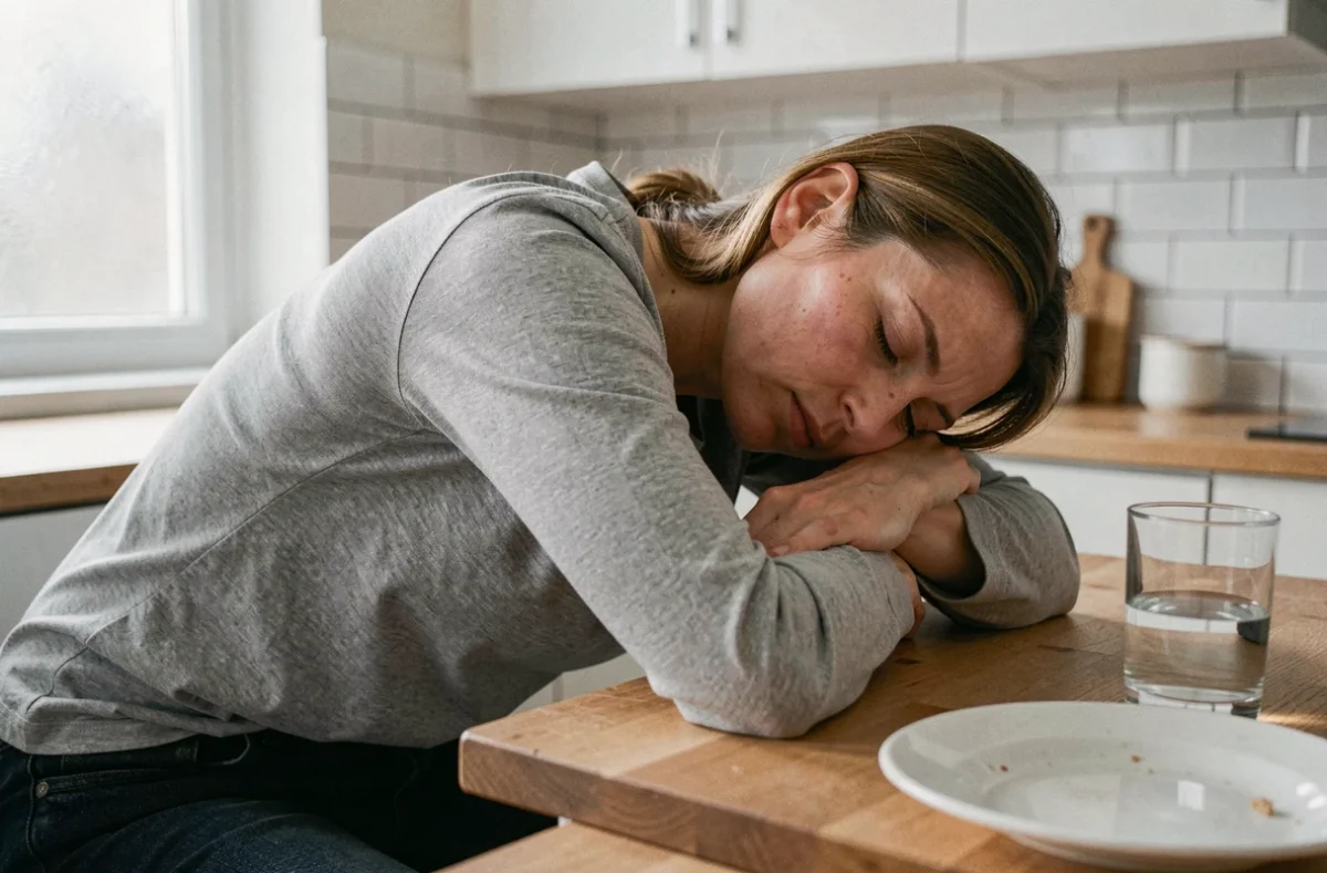 Femme épuisée affalée sur une table de cuisine vide, illustrant la fatigue liée au jeûne prolongé