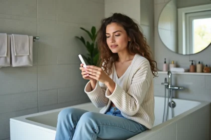 Femme contemplant un test de grossesse dans la salle de bain