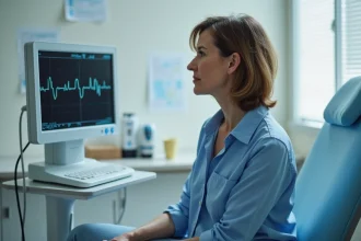 Femme d'âge moyen en blouse bleue regardant l'ECG