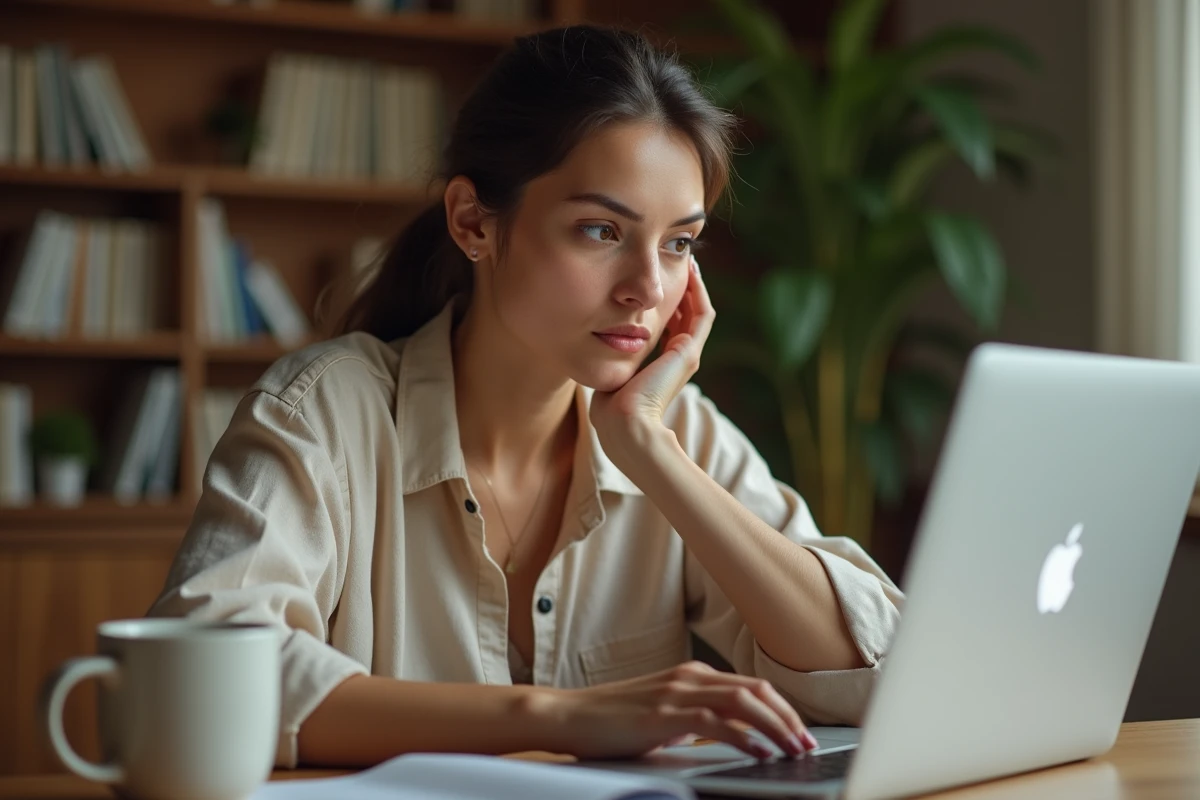 Femme lisant des avis clients sur un ordinateur portable, évaluant leur fiabilité avec un regard critique
