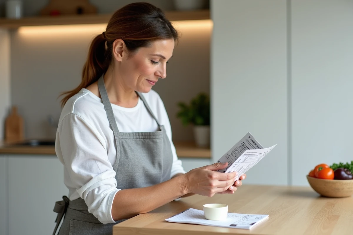 Femme diabétique lisant l'étiquette nutritionnelle d'un fromage blanc allégé en cuisine