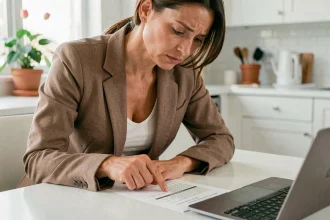 Femme lisant attentivement un document de garantie constructeur à une table de cuisine moderne