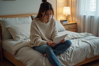 Femme assise sur son lit lisant un document dans une chambre chaleureuse