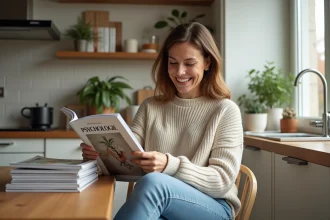 Femme souriante lisant un magazine psychologie positive à la maison