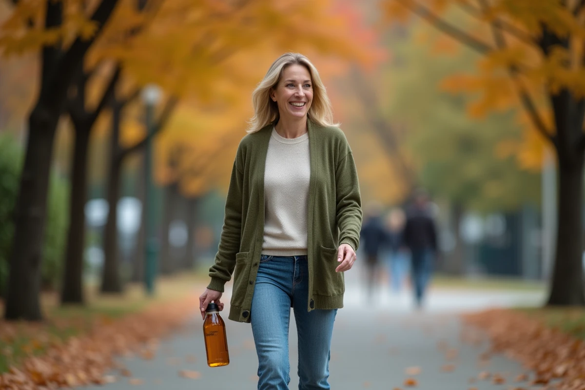 Femme marchant en plein air avec une bouteille d'eau, représentant une activité physique régulière et un mode de vie sain pour perdre du poids sans effet yo-yo