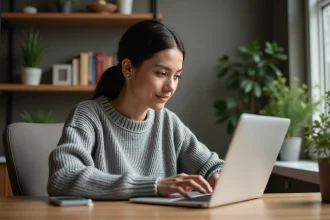 Femme concentrée utilisant son ordinateur dans un bureau à domicile