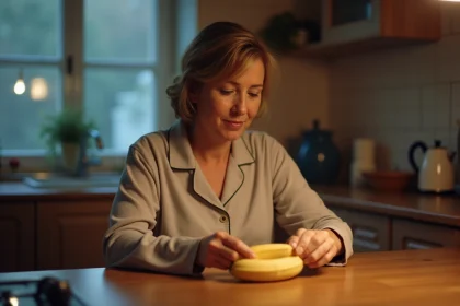 Femme en pyjama peeland une banane dans la cuisine