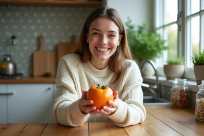 Femme souriante tenant un kaki m&ucirc;r dans une cuisine chaleureuse