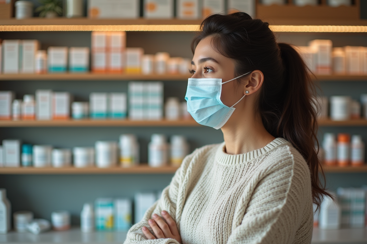 Jeune femme en pharmacie portant un masque et regardant pensivement