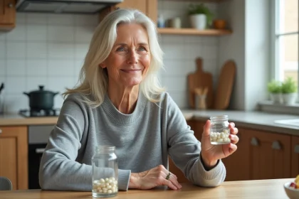 Femme tenant un flacon de probiotiques et un verre d'eau dans une cuisine naturelle pour illustrer les solutions contre la constipation chronique